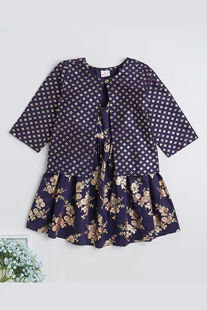 The Magic Wand Girls Ethnic Motif Printed Halter Neck A-Line Ethnic Dress With Jacket