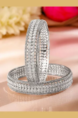 Rubans Set of 2 Premium Rhodium-Plated Cubic Zirconia Studded Leaf Motif Luxe Bangles
