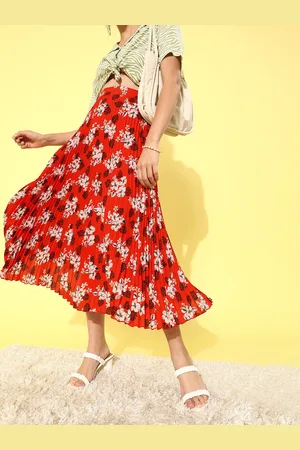 KASSUALLY Women Gorgeous Red Floral Pleated Form Skirt