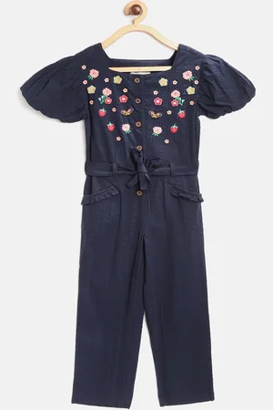 Cherry Crumble Girls Navy Blue & Pink Floral Embroidered Basic Jumpsuit