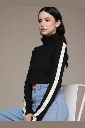 Calvin Klein Brand Logo Printed Ribbed High Neck Crop Top
