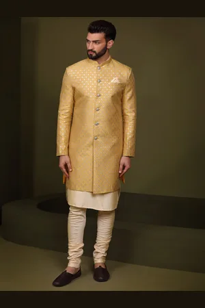 KISAH Men Woven Design Mandarin Collar Indowestern Sherwani Set