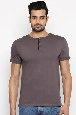 PEOPLE Men Grey Pure Cotton Solid Henley Neck Pure Cotton T-shirt