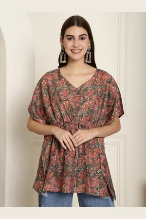 Kalini Floral Printed V-Neck Kimono Sleeve Waist Tie-Ups Pure Silk Kaftan Top