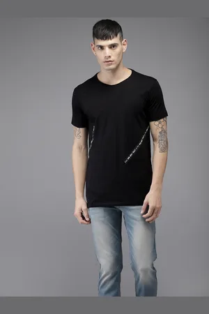Flying Machine Men Black Solid Round Neck Pure Cotton T-shirt