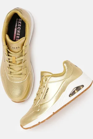 Skechers Women Gold Toned Perforated Leather Regular Uno - Aluminiferous Sneakers