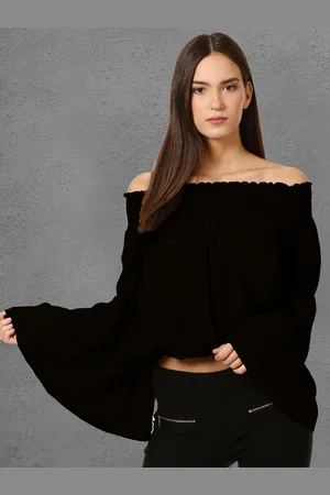OOMPH Off-Shoulder Flared Sleeve Smocked Crepe Top