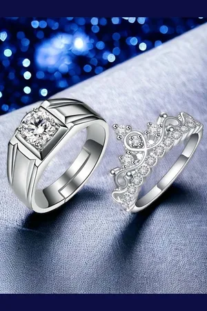 Myki Unisex Set Of 2 Silver-Plated & CZ-Studded Couple Adjustable Finger Rings
