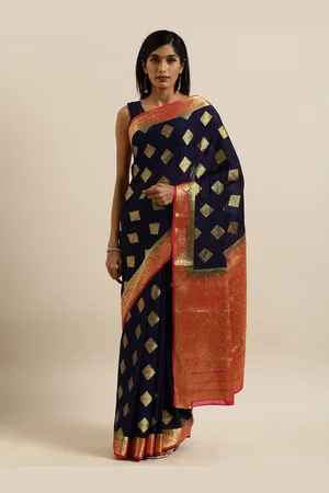 Mimosa Navy Blue & Gold-Toned Poly Crepe Woven Design Mysore Silk Saree