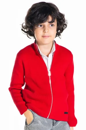 Cherry Crumble Boys Red Self Design Front-Open Sweater