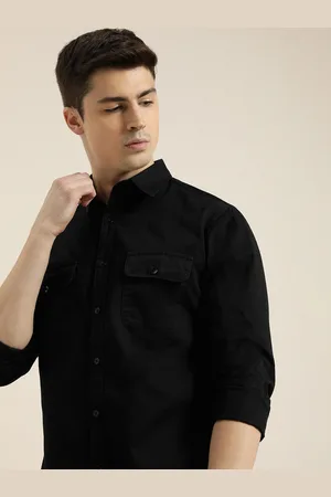 Invictus Men Black Solid Slim Fit Pure Cotton Casual Shirt With Flap Pockets