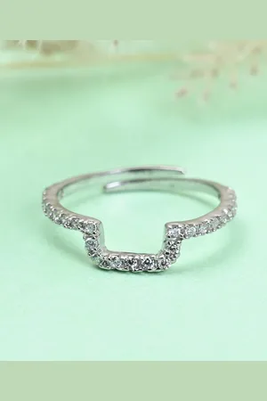 CLARA 925 Sterling Silver Rhodium-Plated Cubic Zirconia-Studded Adjustable Finger Ring