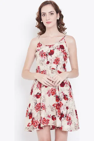 DODO & MOA Women Beige Floral Printed Crepe Fit & Flare Dress