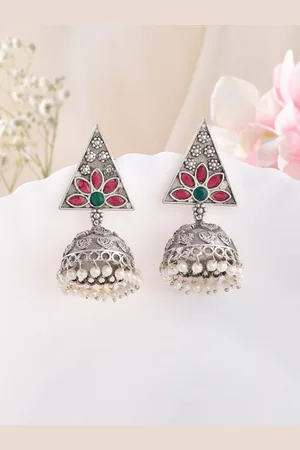 Dastoor Silver-Plated Stone-Studded & Beaded Dome Shaped Jhumkas
