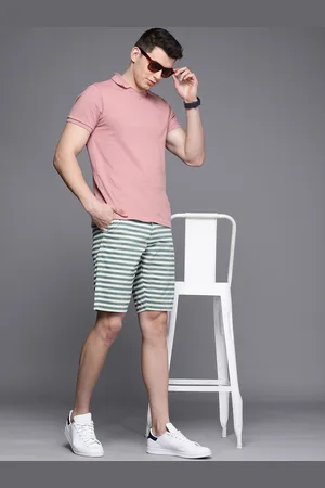 Louis Philippe Men Teal Green And White Striped Slim Fit Regular Shorts