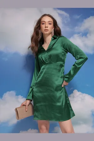 Corsica Shirt Collar Satin Wrap-Style A-Line Dress