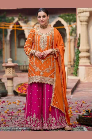 AUTUMN LANE Kanupriya Kesari Floral Embroidered Straight Kurti With Palazzos & Dupatta