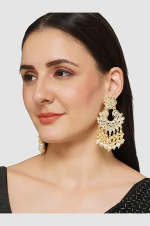 AQUASTREET Gold Plated Kundan & Pearl Geometric Chandbalis Earrings