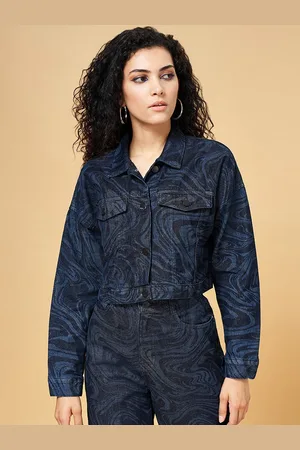 Pantaloons Abstract Printed Cotton Denim Crop Jacket