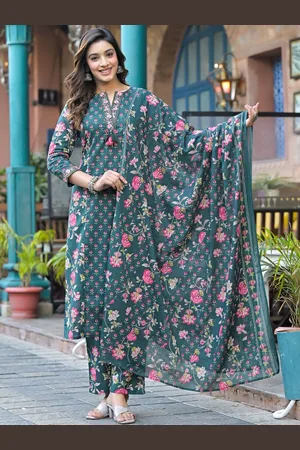 AUTUMN LANE Floral Printed Notch Neck Pure Cotton Kurta With Trouser And Dupatta