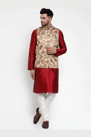 Jompers Men Maroon & White Solid Kurta with Churidar & Nehru jacket
