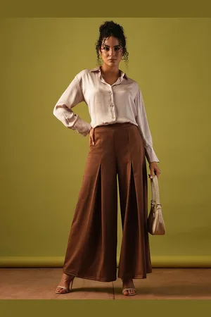 Globus Women Rust Solid Stretchable High-Rise Pleated Flared Wide Leg Workwear Treggings