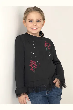 Cherry Crumble Girls Black & Maroon Floral Embroidered Net Detail Pullover