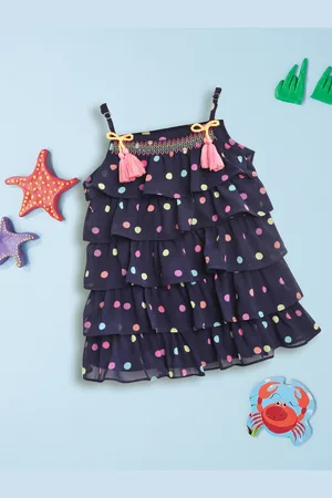 Nauti Nati Girls Navy Blue Polka Dots Tiered A-Line Dress