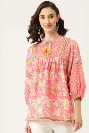Jaipur Pink & Yellow Floral Print Tie-Up Neck Top