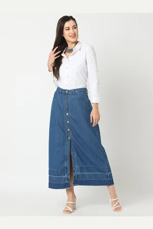 Globus Washed Denim Front-Slit A-Line Pure Cotton Maxi Skirt