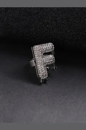 French Accent Men Silver-Plated Stone Studded F Alphabet Ring