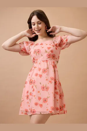 Globus Women Floral Printed Square Neck Puff Sleeves Waist Cut-Out Mini Fit & Flare Dress