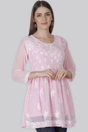 Seva Chikan Ethnic Motifs Chikankari Embroidered Angrakha A line Kurti With Slip