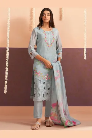 AUTUMN LANE Floral Embroidered round Neck Straight Kurta With Trouser And Dupatta