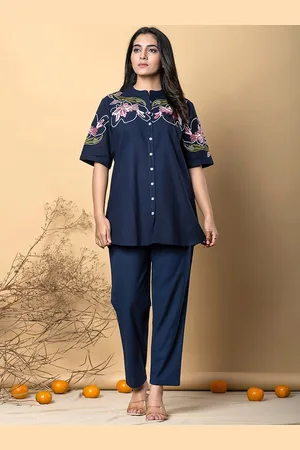 AUTUMN LANE Floral Embroidered Mandarin Collar Pure Cotton Shirt With Trouser