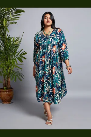 Globus Women Plus Size Navy Blue V-Neck Printed Gathered Empire Midi Fusion Dress