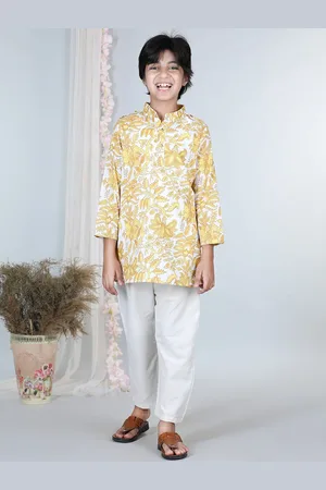 Cutiekins Boys Floral Printed Band Collar Straight Kurta with Trousers