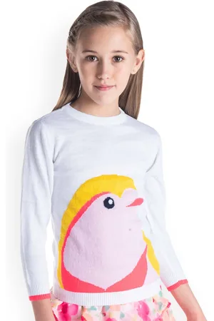 Cherry Crumble Girls White & Pink Animal Graphics Printed Pullover Sweater