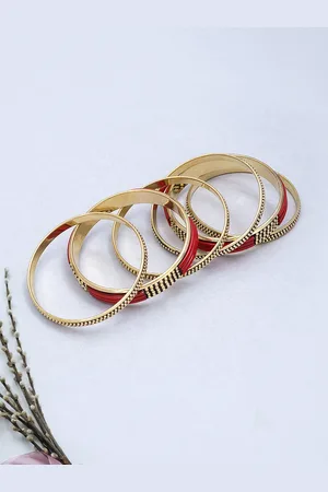 Golden Peacock Set of 6 Red & Gold-Toned Antique Bangles