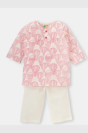 THE BABY LABEL Kids Pink Balloon Trip Pure Cotton Hand-Block Kurta Pyjamas