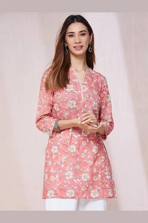 Fabindia Floral Printed Notched Neck Cotton Straight Kurta