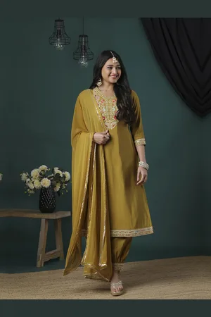 Globus Women Floral Yoke Design Regular Thread Work Kurta with Trousers & With Dupatta