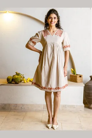 AUTUMN LANE Floral Embroidered Cotton V-Neck Empire Dress