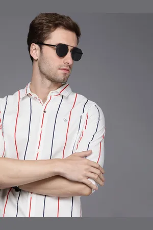 WROGN Men White And Red Slim Fit Striped Pure Cotton Casual Shirt