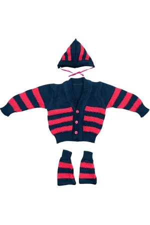 MeeMee Unisex Kids Navy Blue Striped Sweater With Beanie and Socks