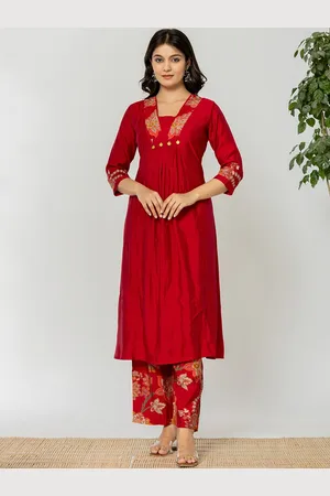 AUTUMN LANE SNEHA Floral Printed V-Neck Empire Pure Cotton A-Line Kurta With Trousers