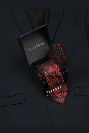 LOUIS STITCH Men Ruby Red Italian Silk Necktie Accessory Gift Set