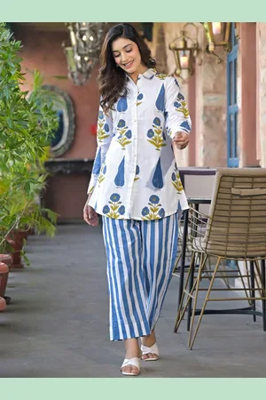 AUTUMN LANE Sahila Floral Printed Shirt Collar Pure Cotton Straight Tunic With Palazzos