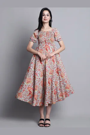 Kalini Ethnic Motifs Printed Square Neck Puffed Sleeves Empire Midi Dress