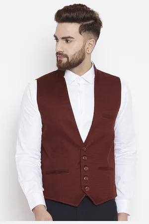 Even Men Maroon Solid Nehru Jacket
